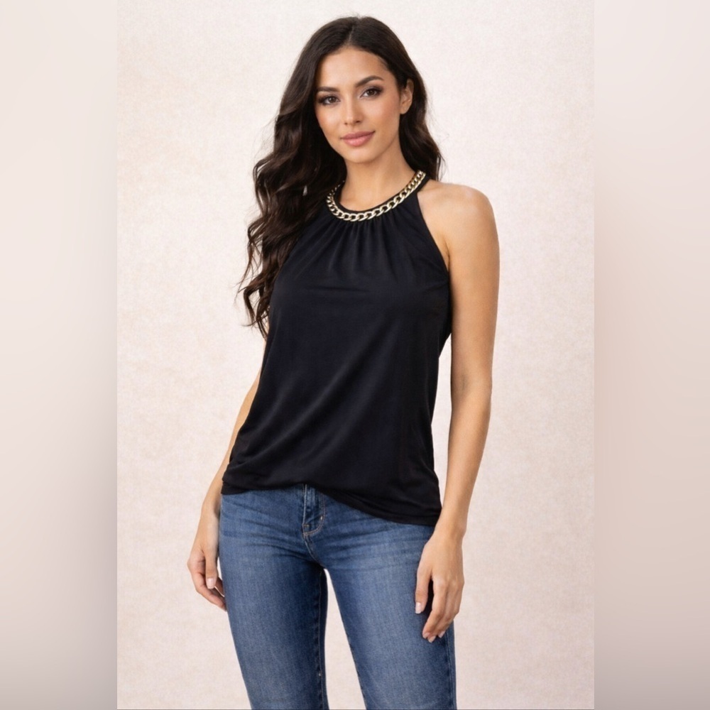 LAVISH Womens Sleeveless Black Stretch Gold Chain Necklace Collar Top Sz Medium